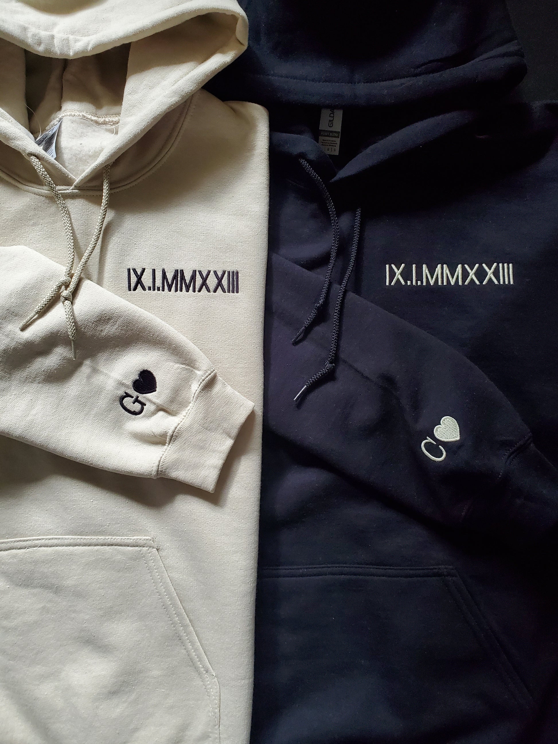 Roman Numeral Date Embroidered Unisex Hoodie with Sleeve Initials