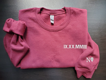 Custom Embroidered Roman Numeral Sweatshirt with Personalized Sleeve Initials