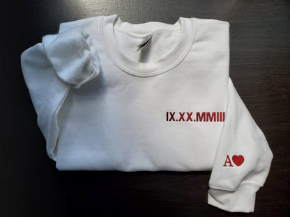 Custom Embroidered Roman Numeral Sweatshirt with Personalized Sleeve Initials