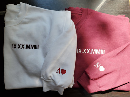 Custom Embroidered Roman Numeral Sweatshirt with Personalized Sleeve Initials