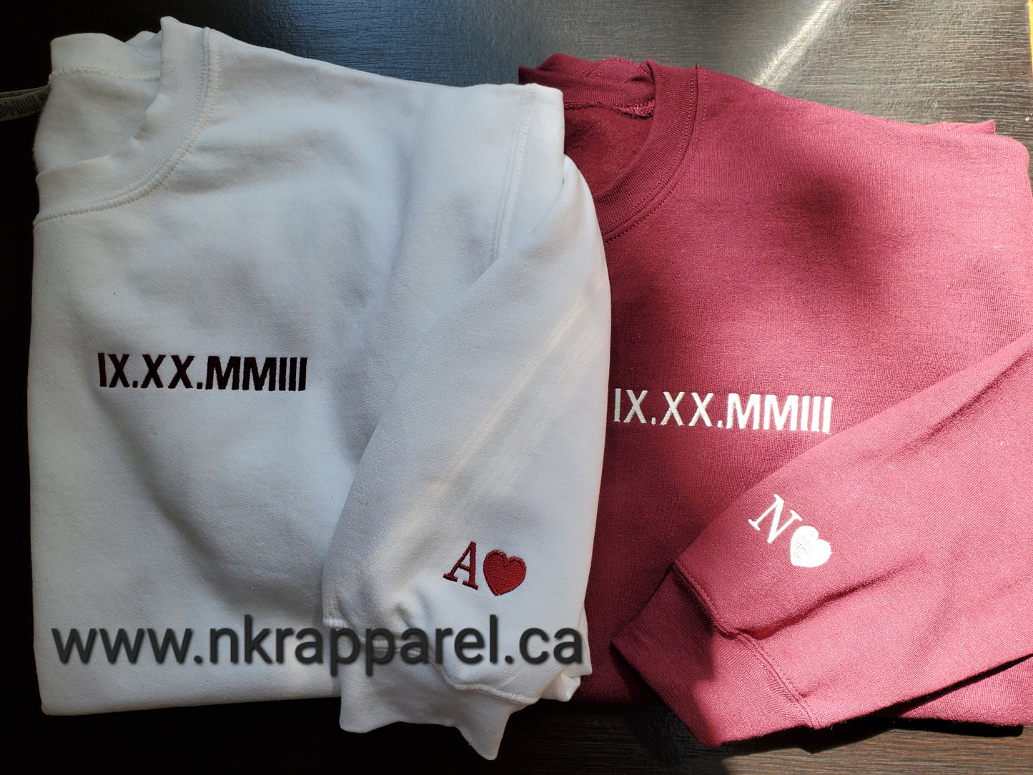 Custom Embroidered Roman Numeral Sweatshirt with Personalized Sleeve Initials