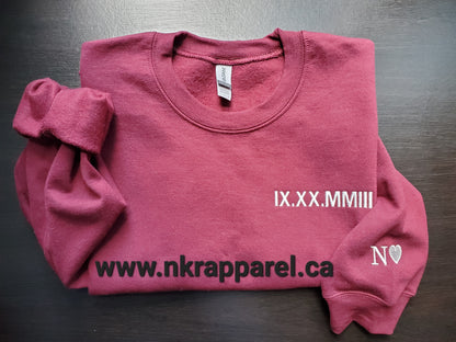 Custom Embroidered Roman Numeral Sweatshirt with Personalized Sleeve Initials