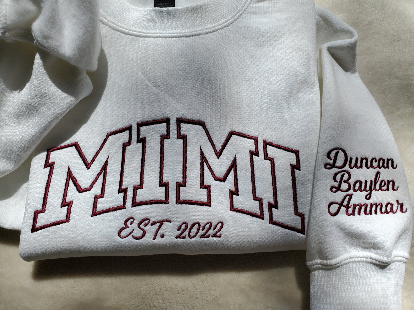 Mimi Nana Gigi Mom Custom Embroidered Sweatshirt with Grandkids Names on the Sleeve. Personalized Sweater Gift for Grandma Grammy Lovey Gram