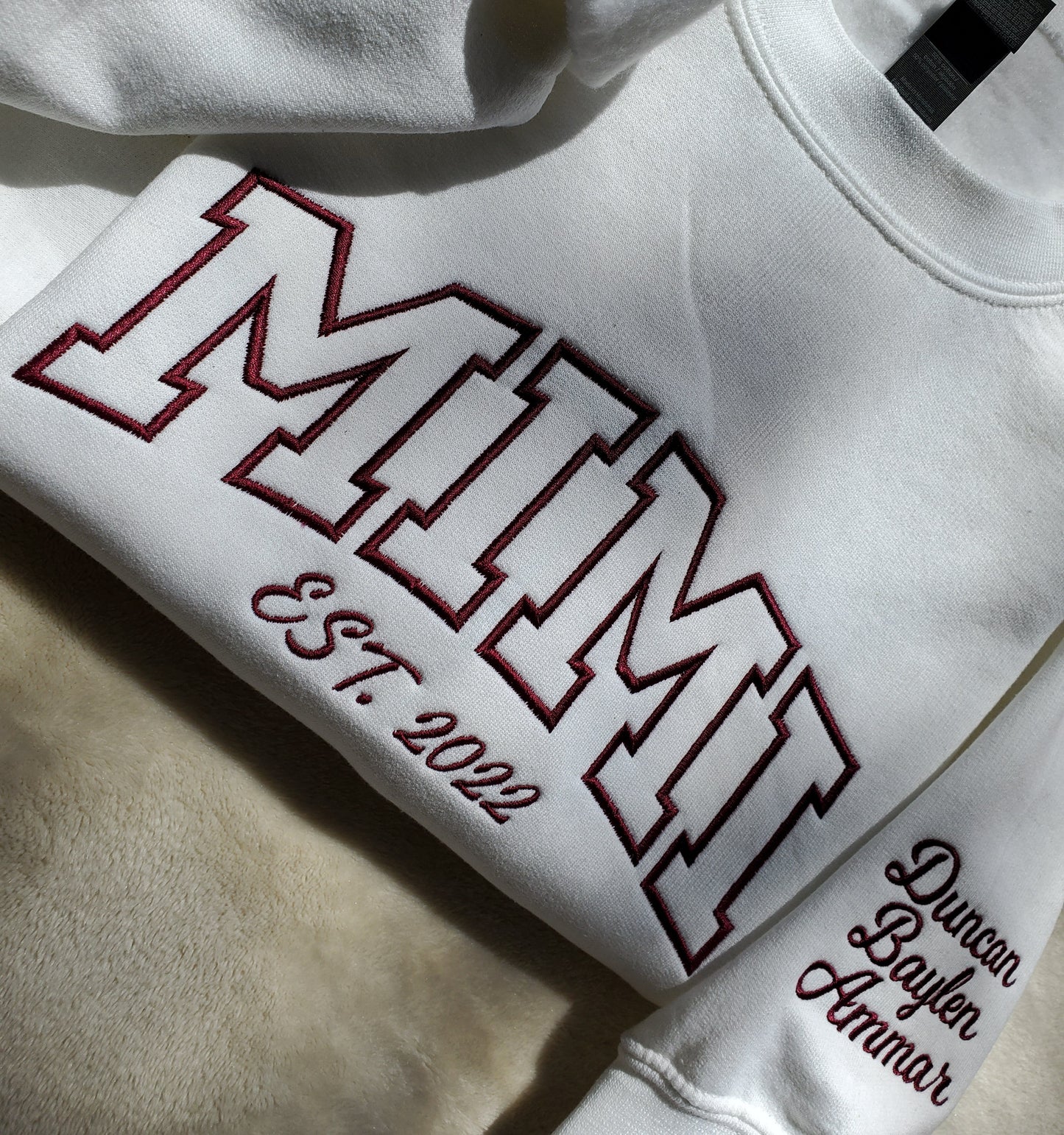 Mimi Nana Gigi Mom Custom Embroidered Sweatshirt with Grandkids Names on the Sleeve. Personalized Sweater Gift for Grandma Grammy Lovey Gram