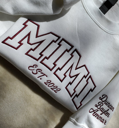 Mimi Nana Gigi Mom Custom Embroidered Sweatshirt with Grandkids Names on the Sleeve. Personalized Sweater Gift for Grandma Grammy Lovey Gram