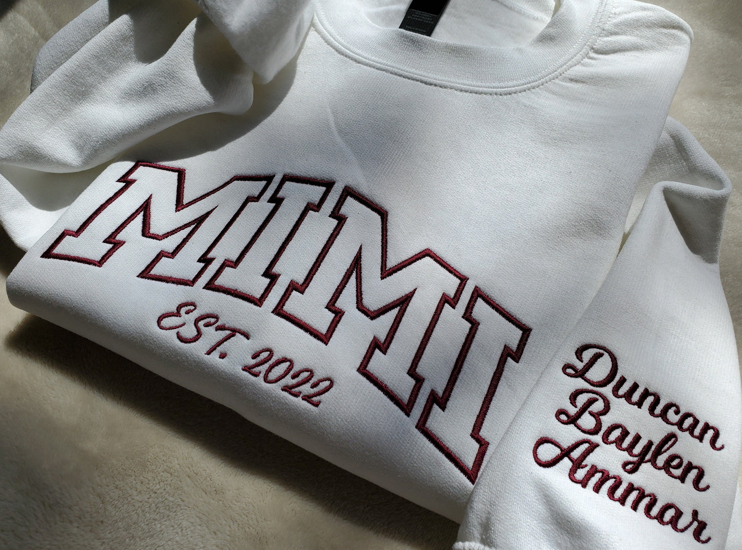 Mimi Nana Gigi Mom Custom Embroidered Sweatshirt with Grandkids Names on the Sleeve. Personalized Sweater Gift for Grandma Grammy Lovey Gram