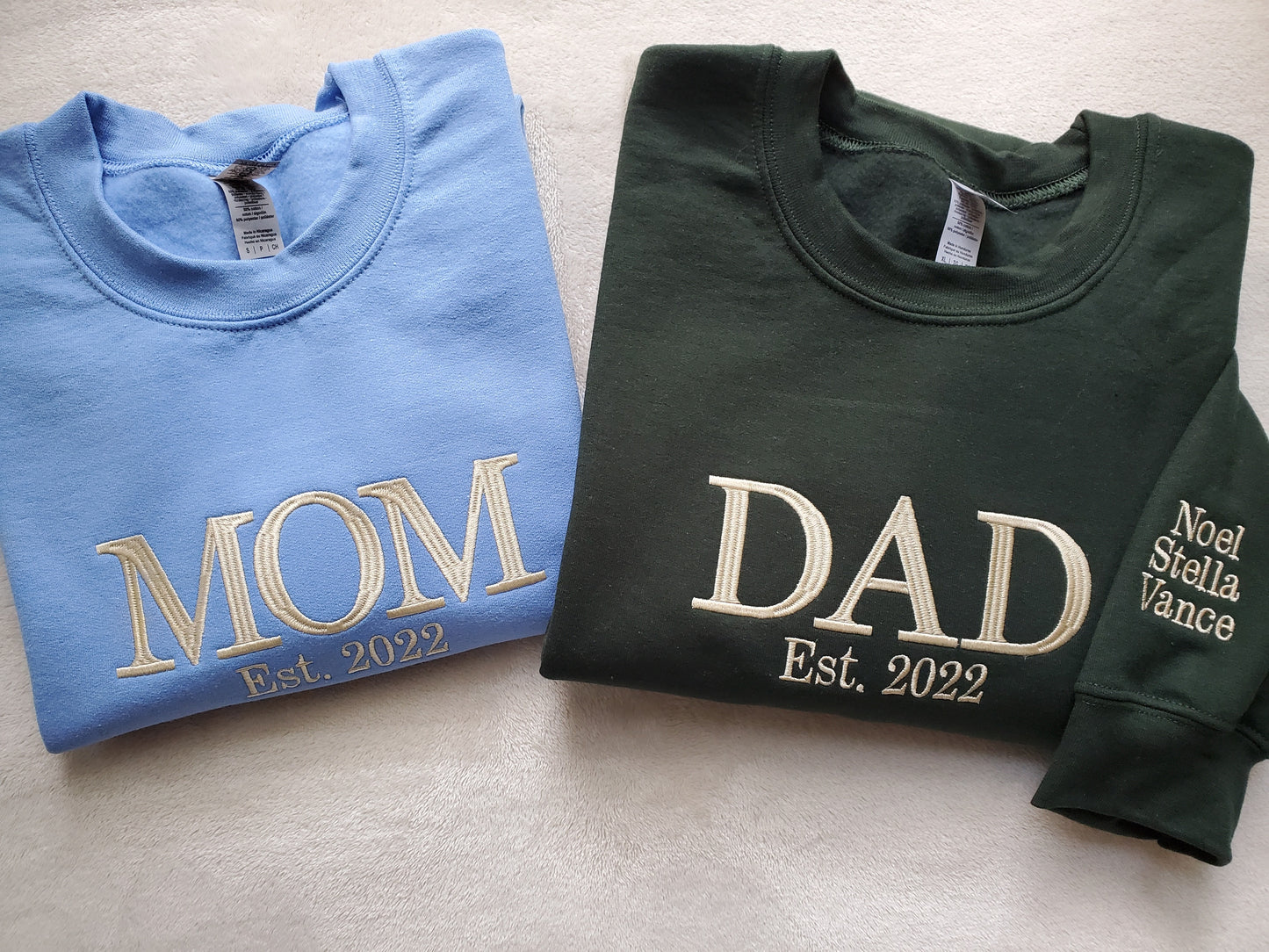 Custom Embroidered Mom and Dad Sweatshirt with kids names on the sleeve, Perfect gift for new Mom and Dad for Mother's Day or Father's Day