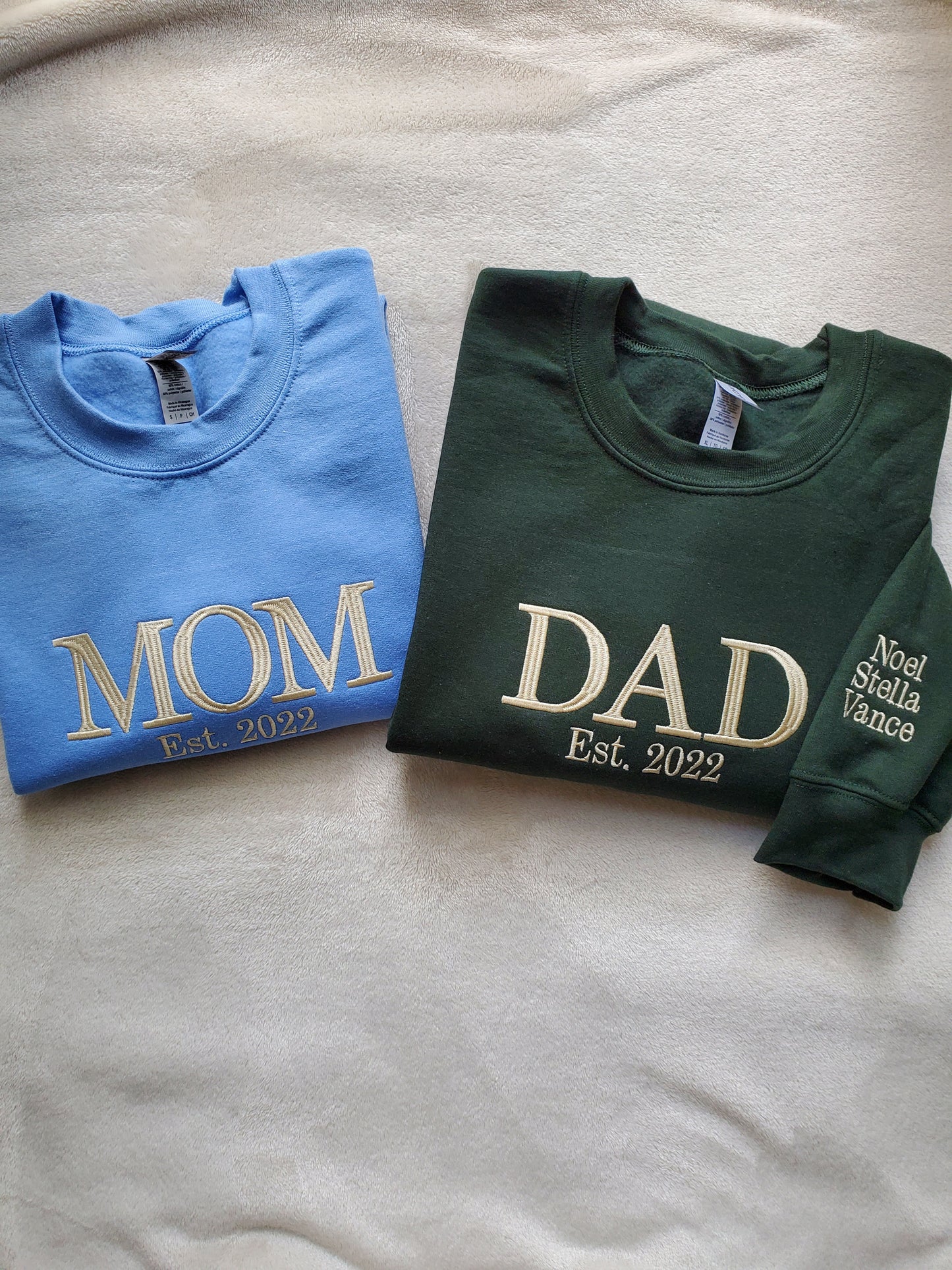 Custom Embroidered Mom and Dad Sweatshirt with kids names on the sleeve, Perfect gift for new Mom and Dad for Mother's Day or Father's Day