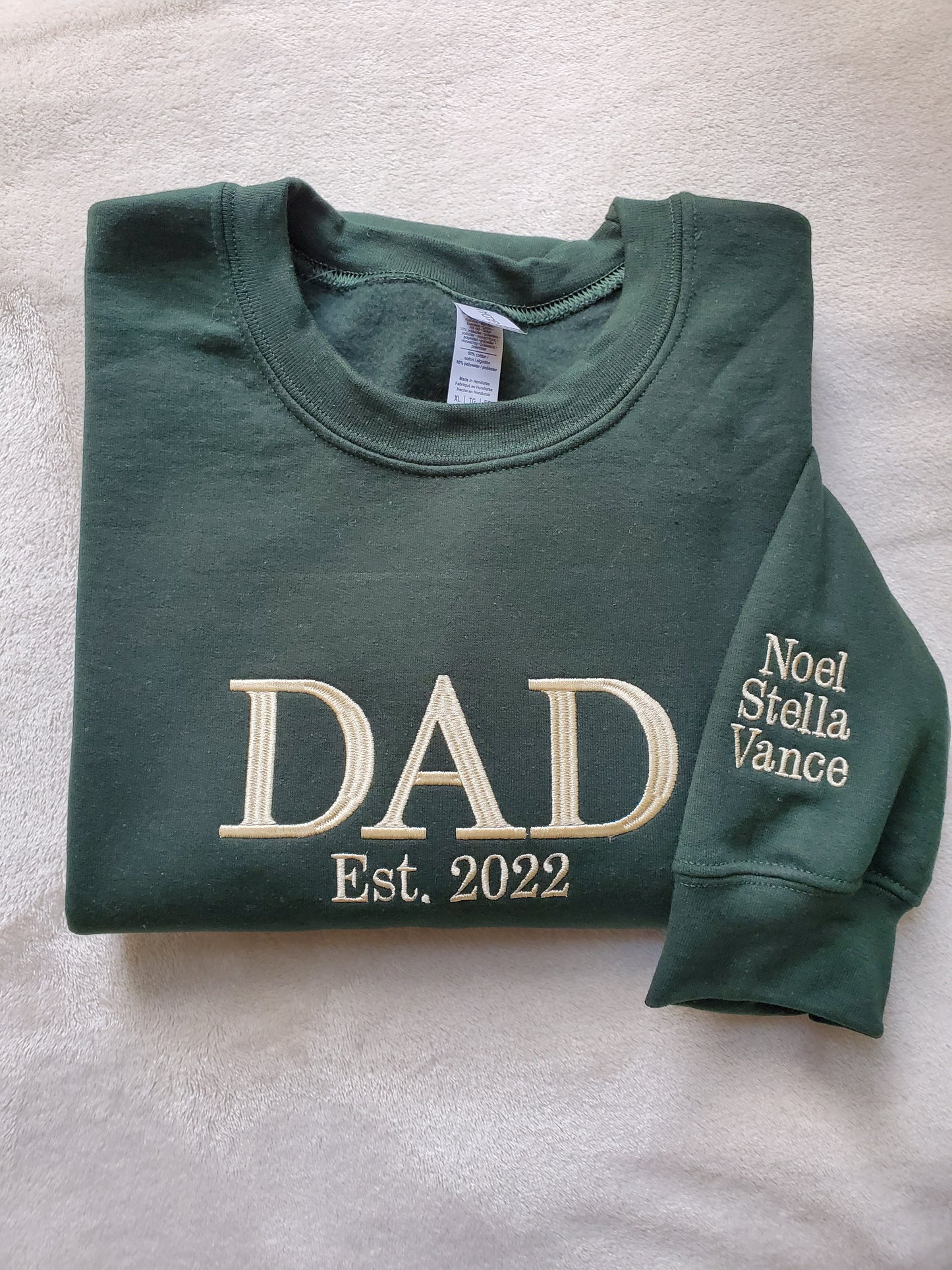 Custom Embroidered Mom and Dad Sweatshirt with kids names on the sleeve, Perfect gift for new Mom and Dad for Mother's Day or Father's Day