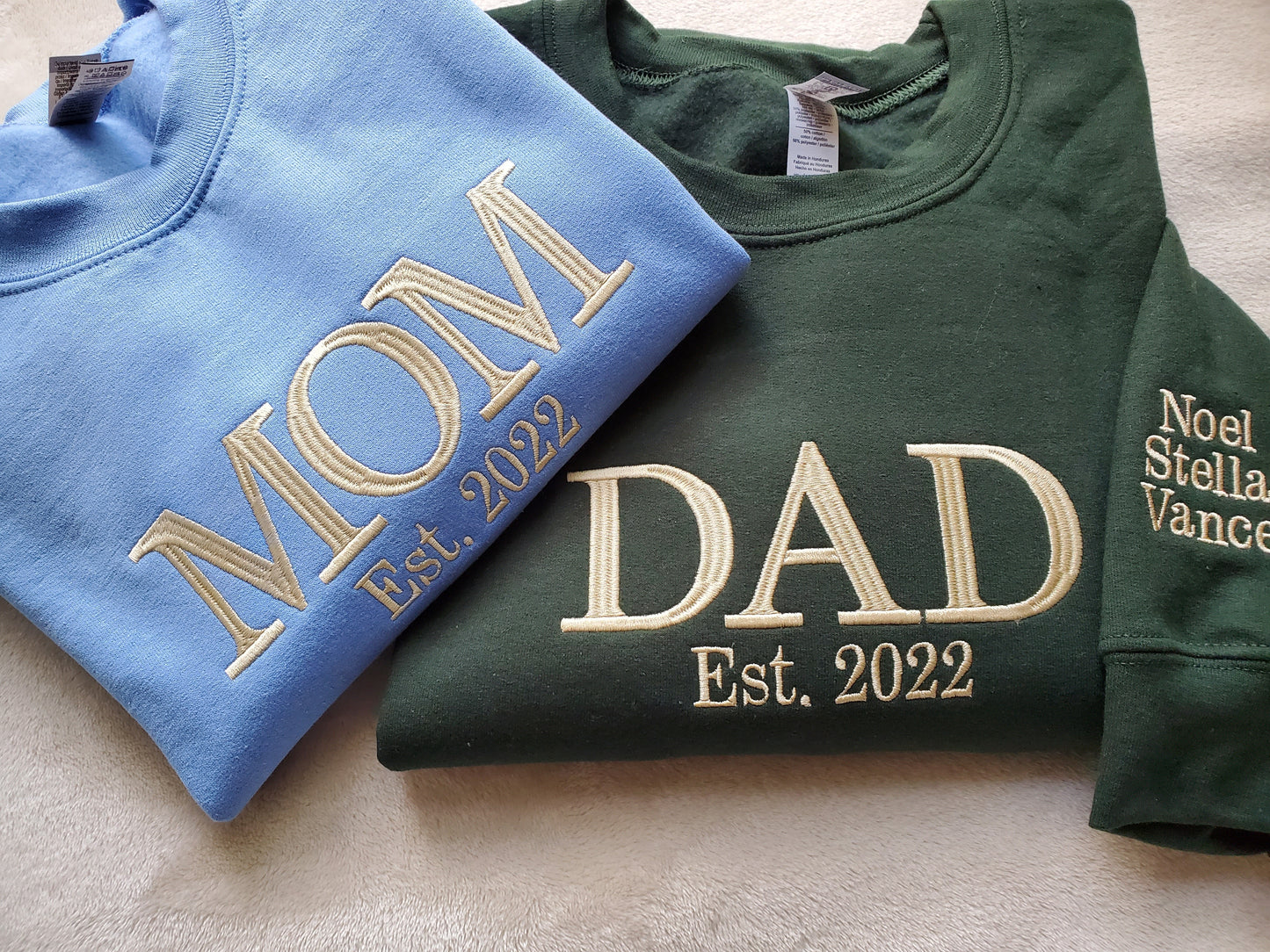 Custom Embroidered Mom and Dad Sweatshirt with kids names on the sleeve, Perfect gift for new Mom and Dad for Mother's Day or Father's Day