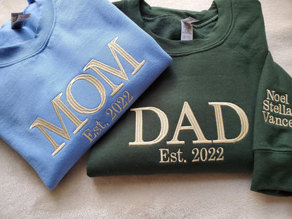 Custom Embroidered Mom and Dad Sweatshirt with kids names on the sleeve, Perfect gift for new Mom and Dad for Mother's Day or Father's Day