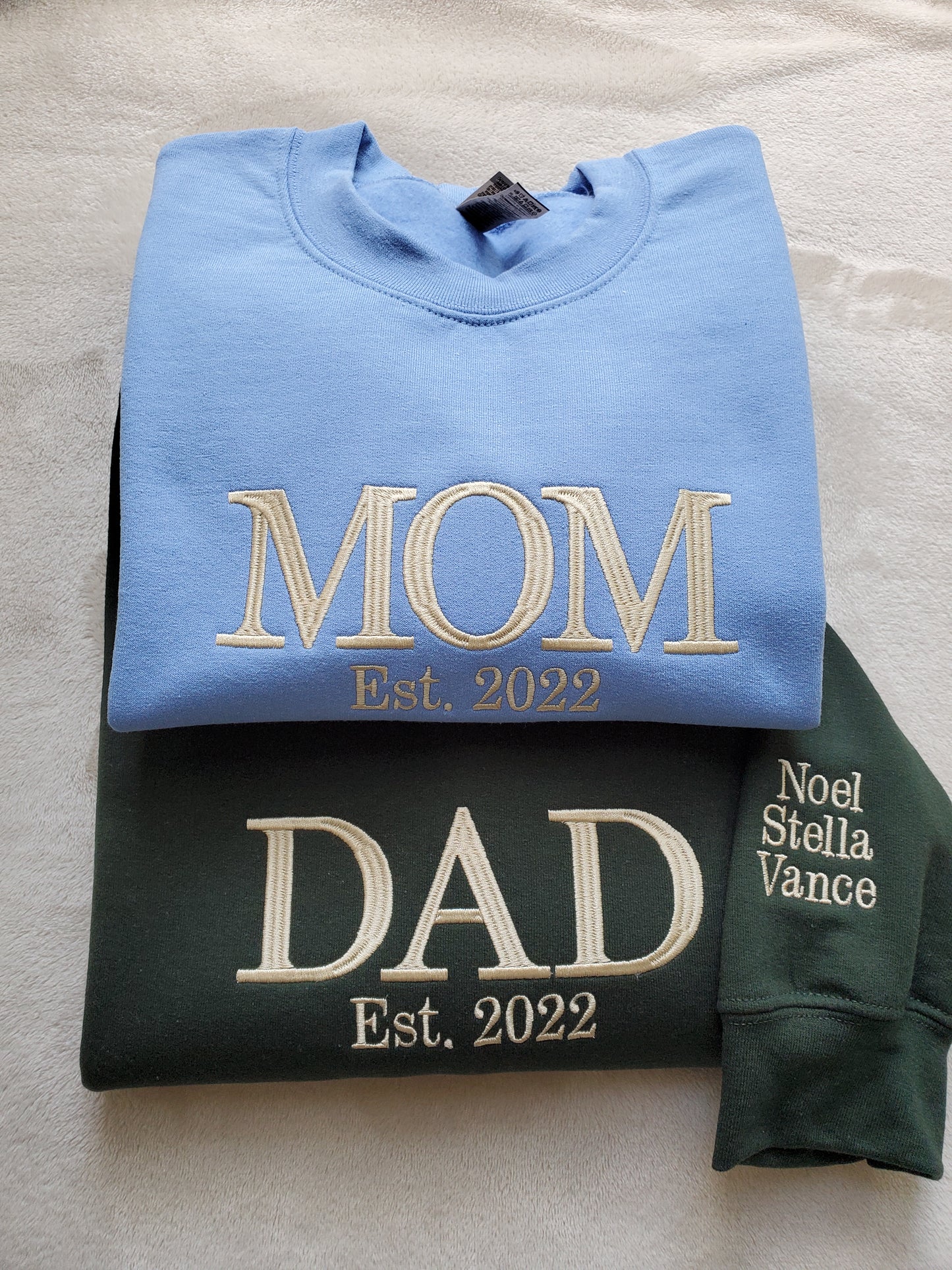 Custom Embroidered Mom and Dad Sweatshirt with kids names on the sleeve, Perfect gift for new Mom and Dad for Mother's Day or Father's Day