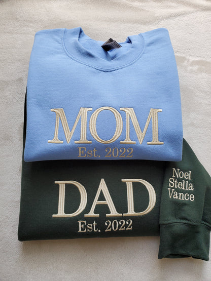 Custom Embroidered Mom and Dad Sweatshirt with kids names on the sleeve, Perfect gift for new Mom and Dad for Mother's Day or Father's Day