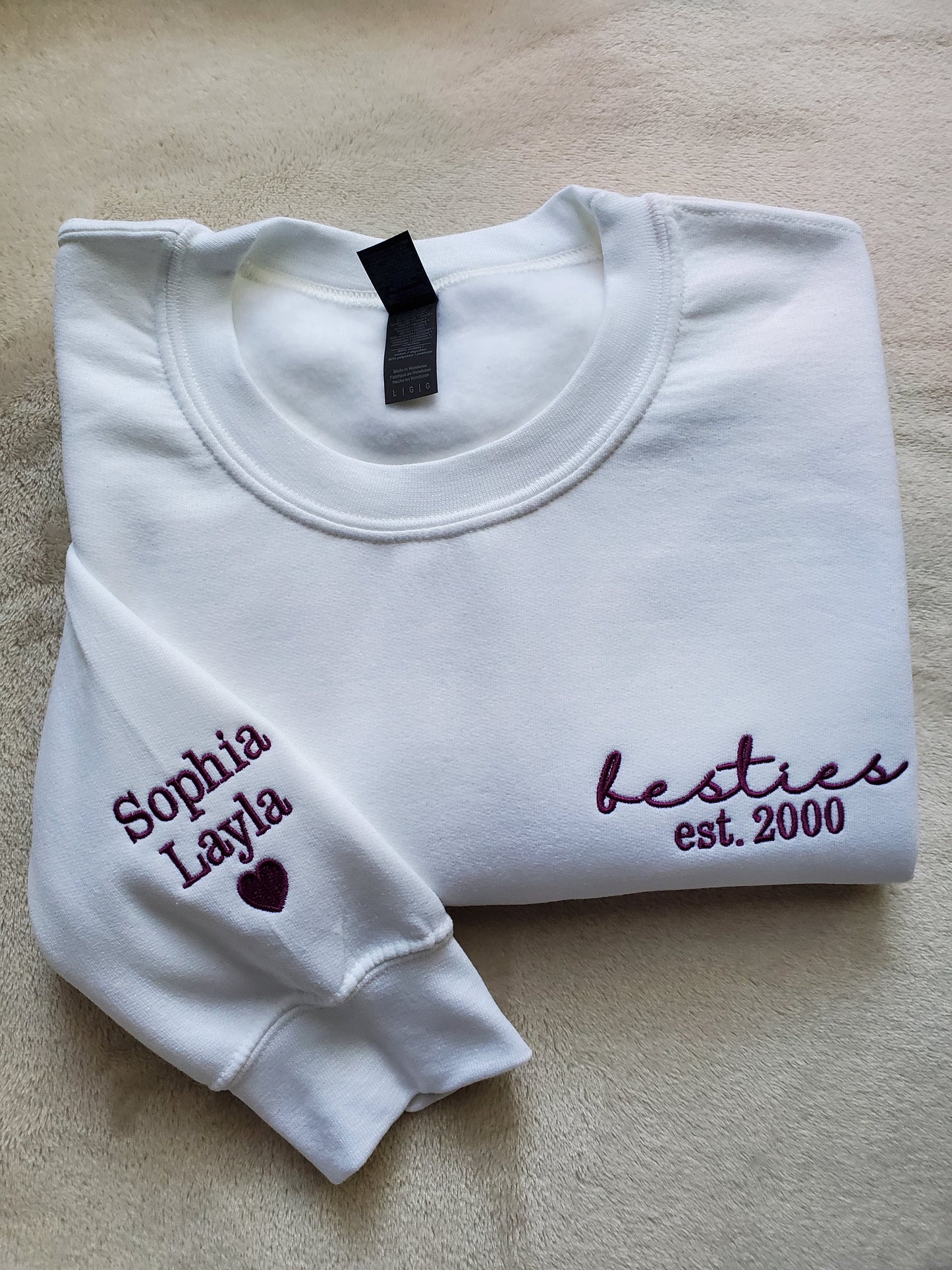 Custom Embroidered Besties Sweatshirt Personalized With Names On The Sleeve Perfect for Besties Celebrating Years of Friendship BFF Forever