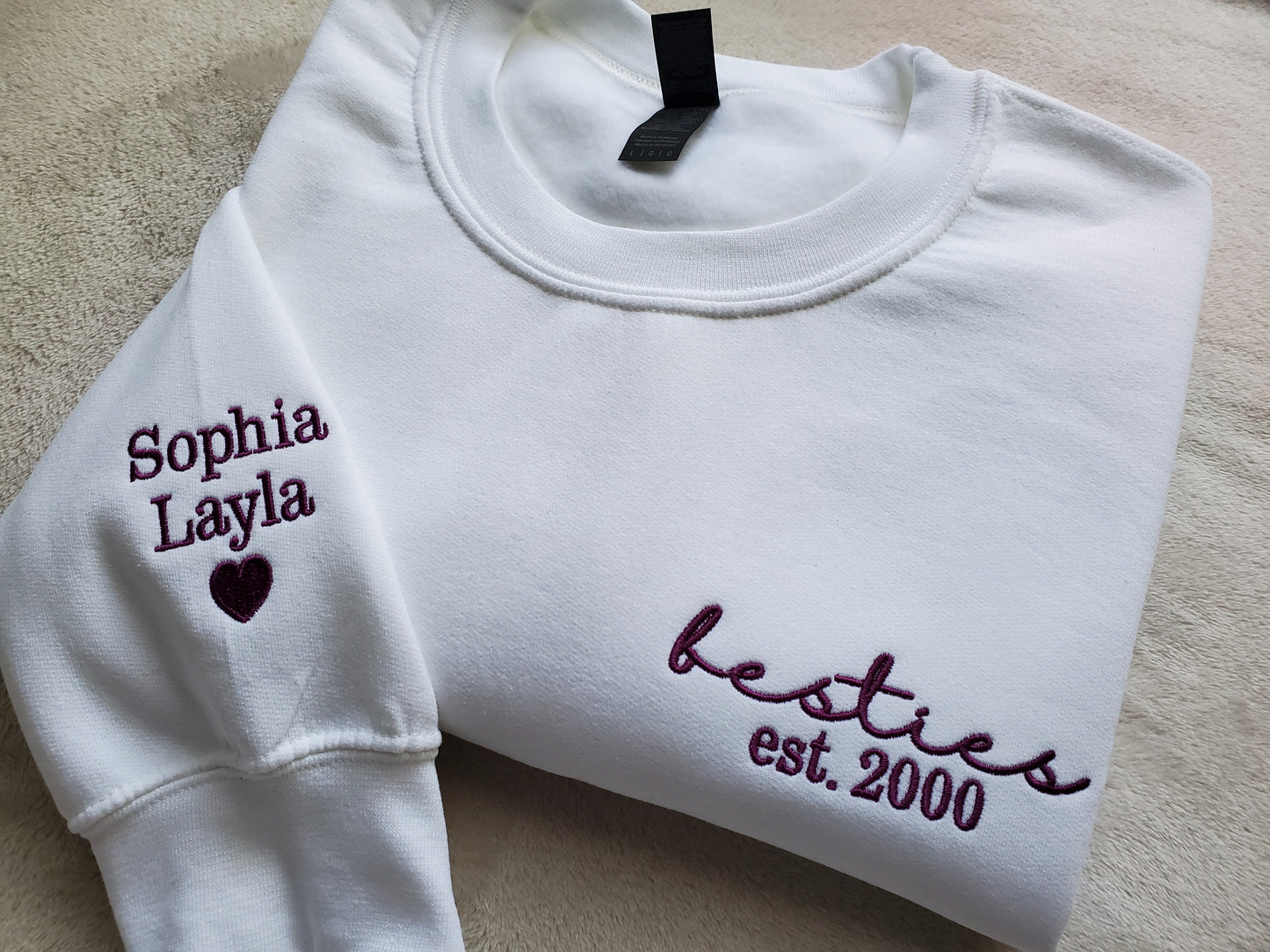 Custom Embroidered Besties Sweatshirt Personalized With Names On The Sleeve Perfect for Besties Celebrating Years of Friendship BFF Forever