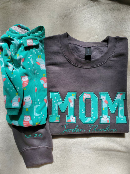 Custom Embroidered MOM Sweatshirt Made With Baby keepsake Outfit, Personalized Applique Sweatshirt, Memory Gift for Mom or Dad