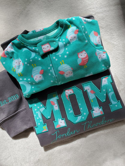 Custom Embroidered MOM Sweatshirt Made With Baby keepsake Outfit, Personalized Applique Sweatshirt, Memory Gift for Mom or Dad