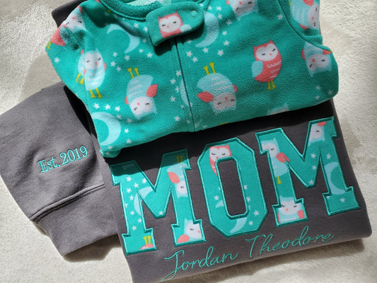 Custom Embroidered MOM Sweatshirt Made With Baby keepsake Outfit, Personalized Applique Sweatshirt, Memory Gift for Mom or Dad