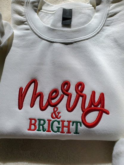 3D Puff Merry and Bright Embroidered Christmas weatshirt